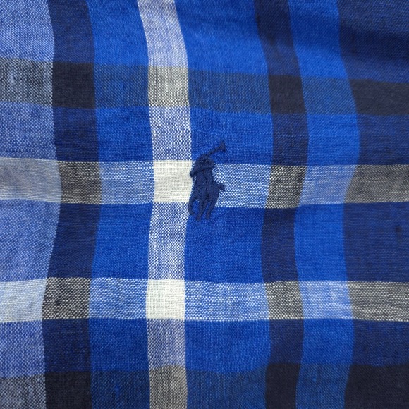 Ralph Lauren‎ Shirt Mens Extra Large Blue Plaid 100% Linen Pony Logo Dress Prep - Picture 3 of 12